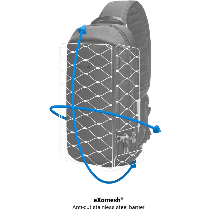 Vibe 325 Sling Pack, Pacsafe Vibe 325 Sling Pack in Black unzipped security mesh diagram