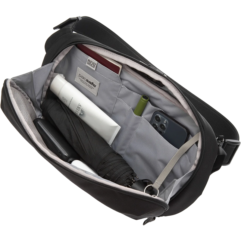 X Urban Sling, Pacsafe X Urban Sling in Black unzipped