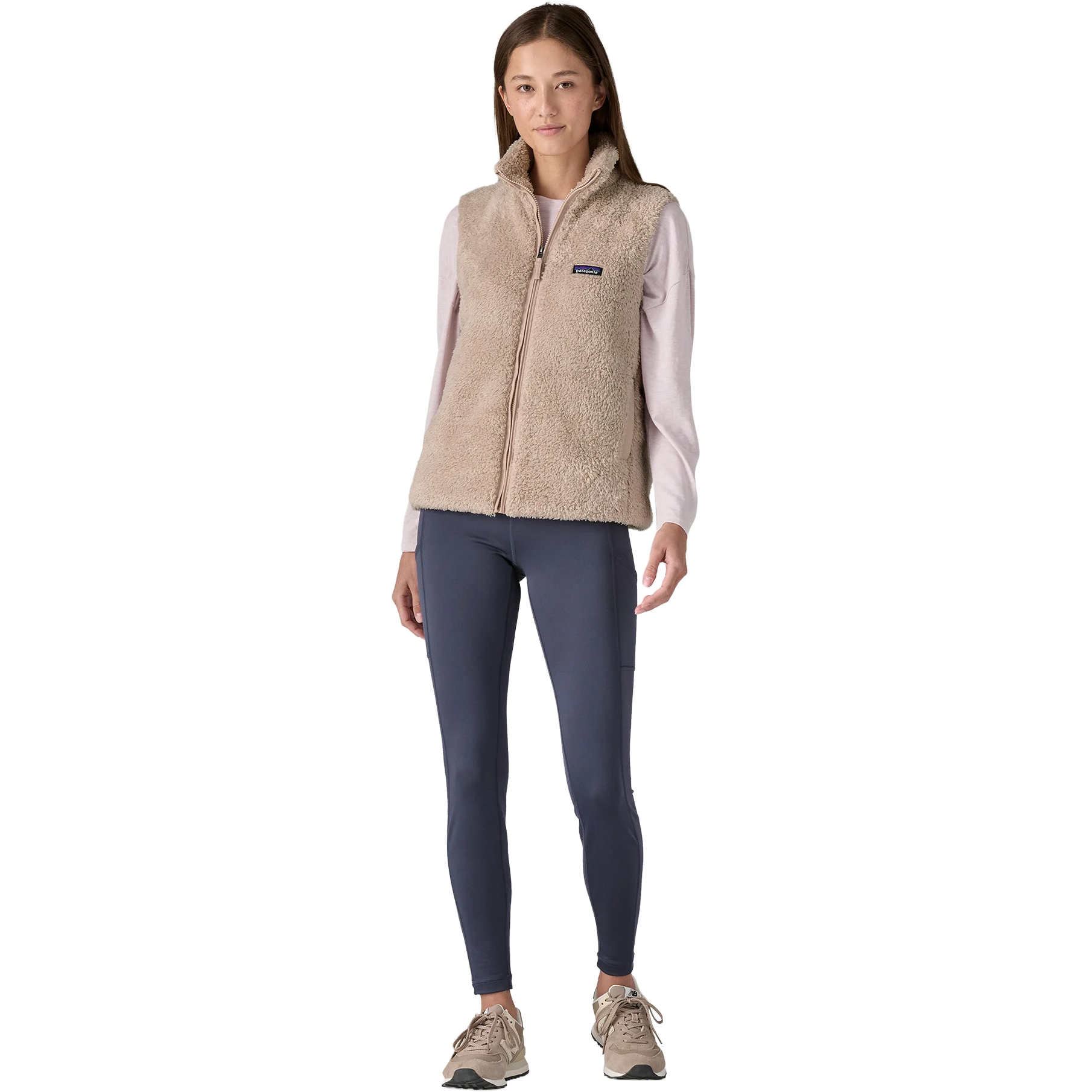 Patagonia Women's Los Gatos Vest in STPE Shroom Taupe on model front full length