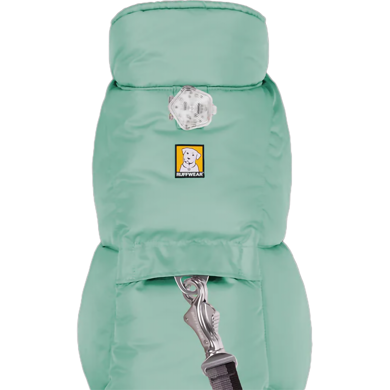 Quinzee Jacket, Ruffwear Quinzee Jacket in River Rock Green top with leash and light