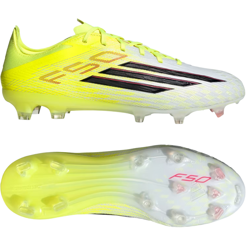 F50 Pro FG, Adidas F50 Pro FG in Solar Yellow2/Core Black/Lucid Red pair right profile and bottom