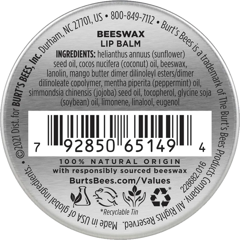 Beeswax Moisturizing Lip Balm Tin 0.3 oz, Burt's Bees Beeswax Moisturizing Lip Balm Tin 0.3 oz back