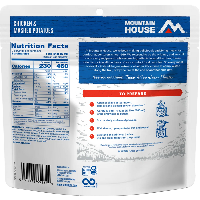 Chicken & Mashed Potatoes GF, Mountain House Chicken and Mashed Potatoes back of package