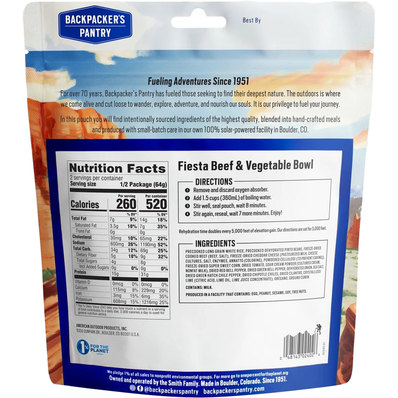 Fiesta Beef and Vegetable Bowl (2 Servings), Backpacker's Pantry Fiesta Beef and Vegetable Bowl back of package