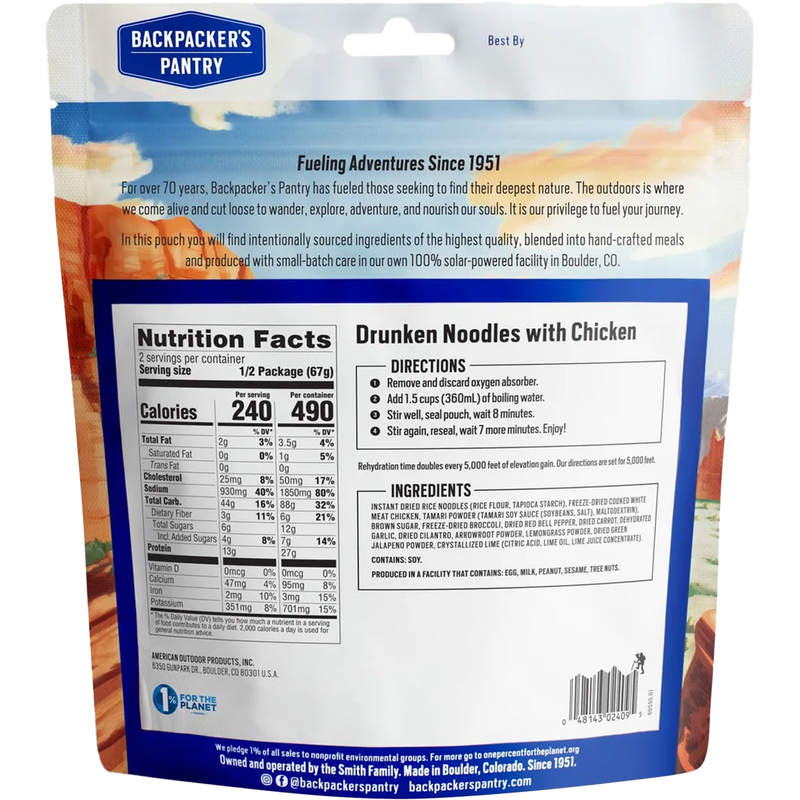 Drunken Noodles with Chicken (2 Servings), Backpacker's Pantry Drunken Noodles with Chicken back of package