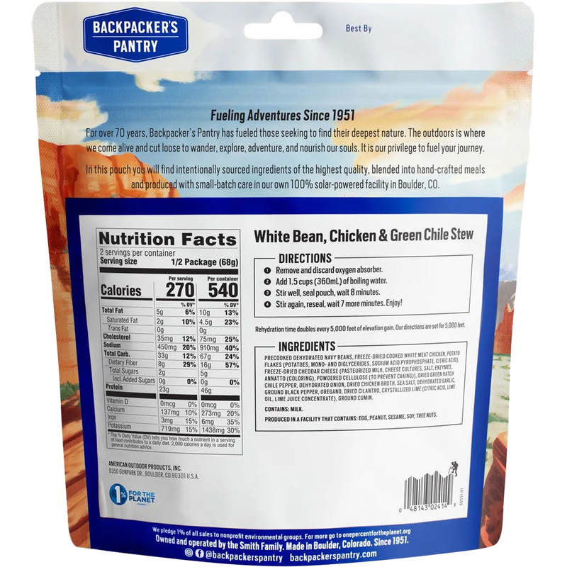 White Bean Chicken & Green Chile Stew (2 Servings), Backpacker's Pantry White Bean Chicken & Green Chile Stew back of package