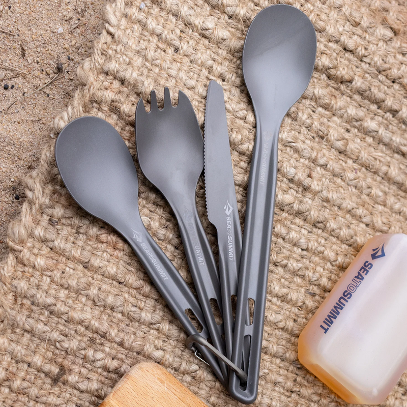Frontier Ultralight Spork & Knife Cutlery Set, Sea to Summit Frontier Ultralight Spork & Knife Cutlery Set on carabiner