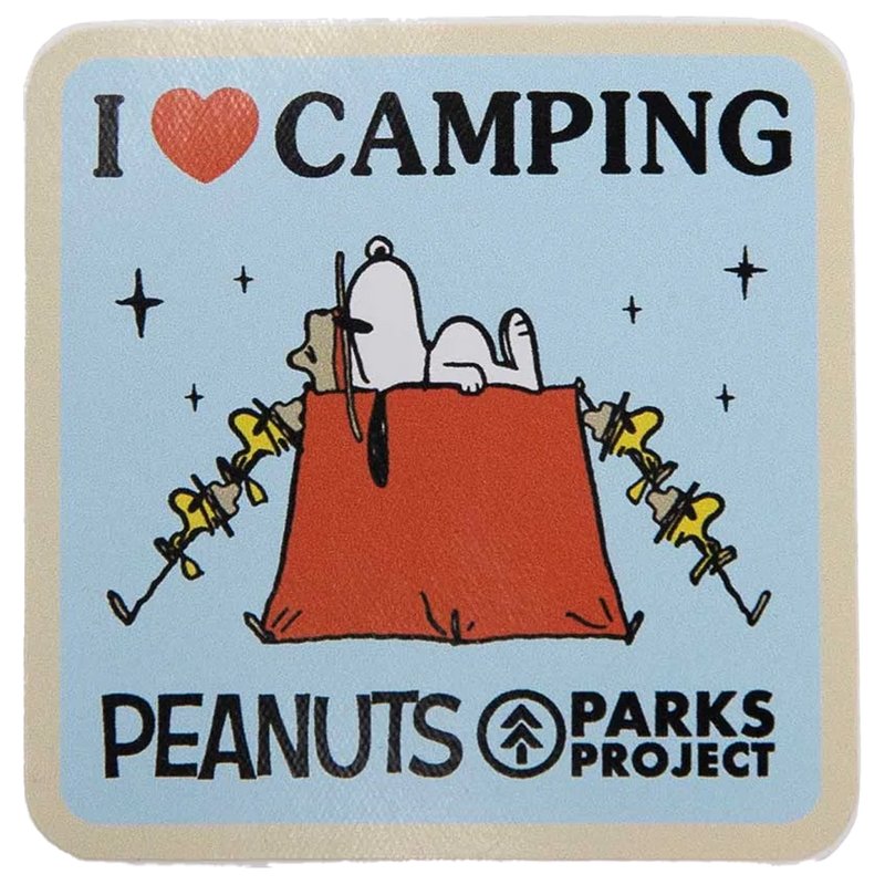 Peanuts x Parks Project Recycled Water Bottle and Sticker Pack, Parks Project Peanuts x Parks Project Recycled Water Bottle and Sticker Pack I Love Camping sticker