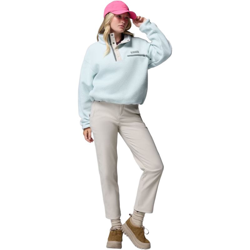 Women's Helvetia II Cropped 1/2 Snap Pullover, Columbia Women's Helvetia II Cropped 1/2 Snap Pullover in 342 Teal/Dark Stone/ Sedona Sage front full length