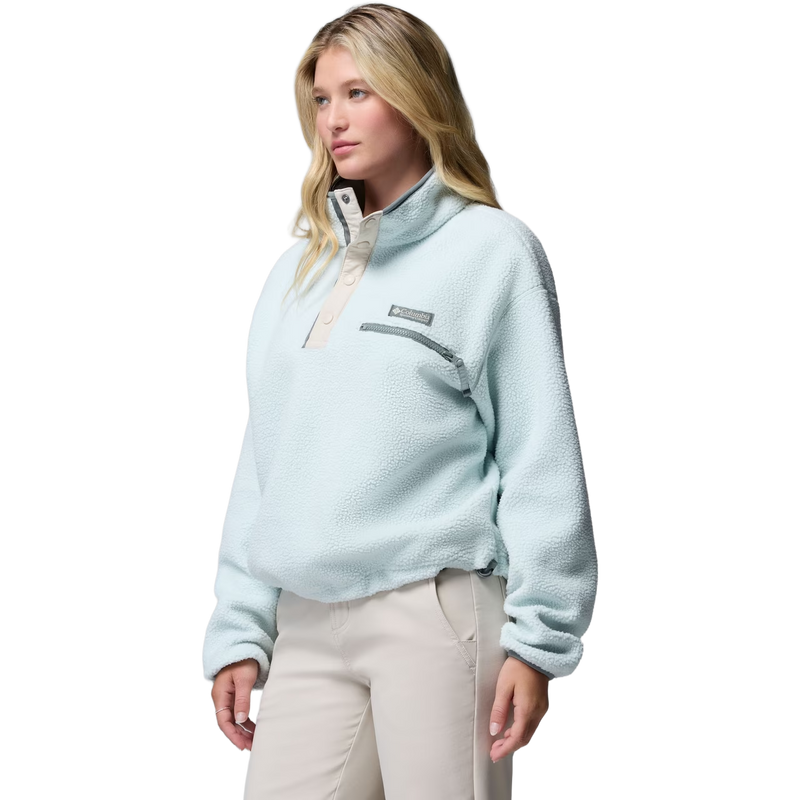 Women's Helvetia II Cropped 1/2 Snap Pullover, Columbia Women's Helvetia II Cropped 1/2 Snap Pullover in 342 Teal/Dark Stone/ Sedona Sage front left