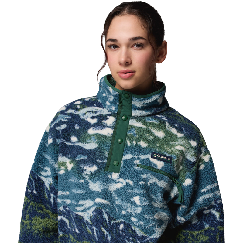 Women's Helvetia II Printed Crop 1/2 Snap Pullover, Columbia Women's Helvetia II Printed Crop 1/2 Snap Pullover in 492-Everblue Sisters collar and buttons