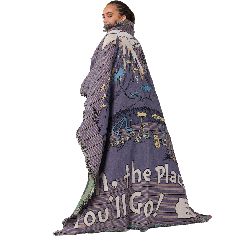 Dr. Seuss x Parks Project Striped Woven Blanket, Parks Project Dr. Seuss x Parks Project Striped Woven Blanket over shoulders