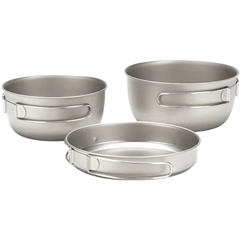 Titanium 3 Piece Cookset, Snow Peak Titanium 3 Piece Cookset handle folded