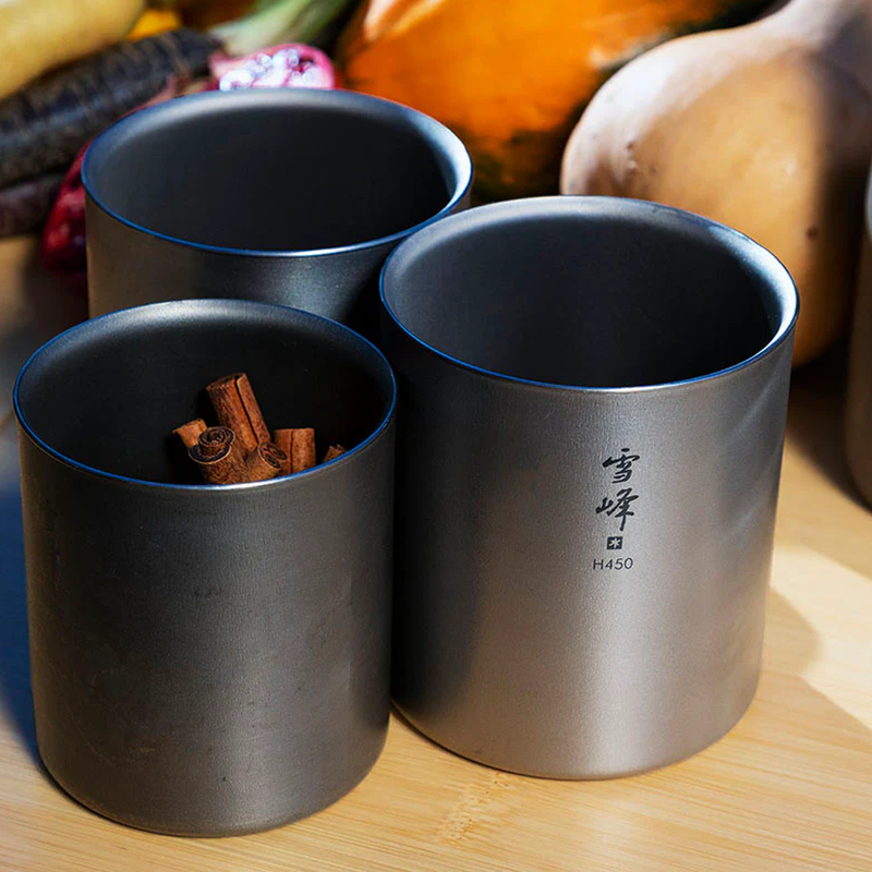 Ti-Double H300 Stacking Mug, Snow Peak Ti-Double H450 Stacking Mug at camp
