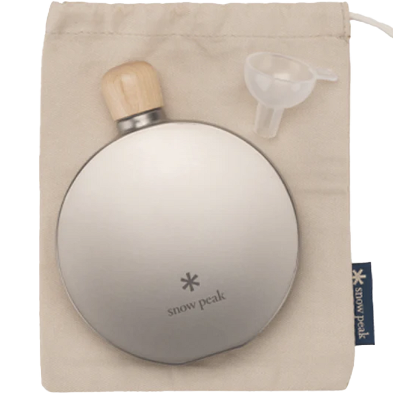 Round Titanium 5 oz Flask, Snow Peak Round Titanium 5 oz Flask with bag and funnel