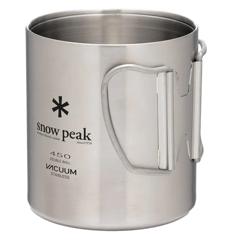 Stainless Vacuum-Insulated Mug 450, Snow Peak Stainless Vacuum-Insulated Mug 450 handles folded