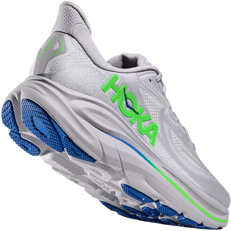 Men's Clifton 10, Hoka Men's Clifton 10 in AYNN-Ash Grey/Neon Green back right