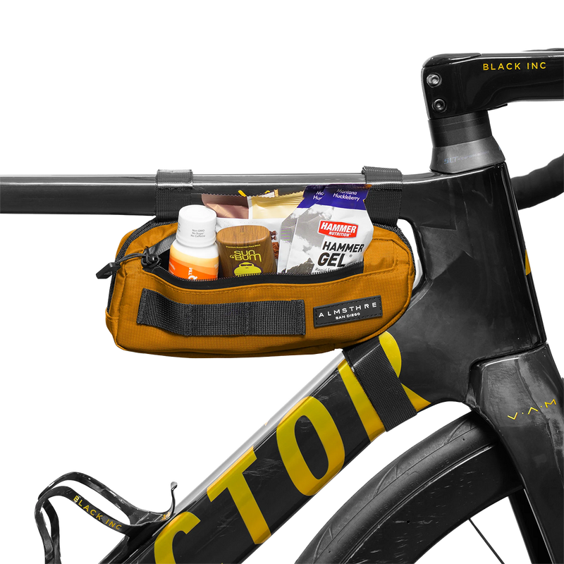 Compact Frame Bag, Almsthre Compact Frame Bag in California Gold unzipped