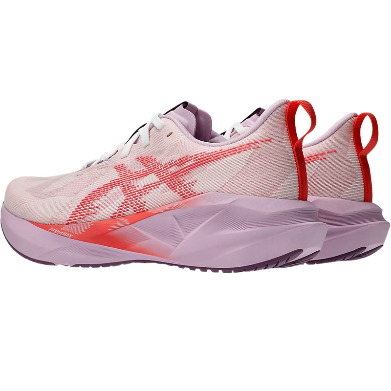 Women's NovaBlast 5, Asics Women's NovaBlast 5 in 101-White Coral Reef pair back left