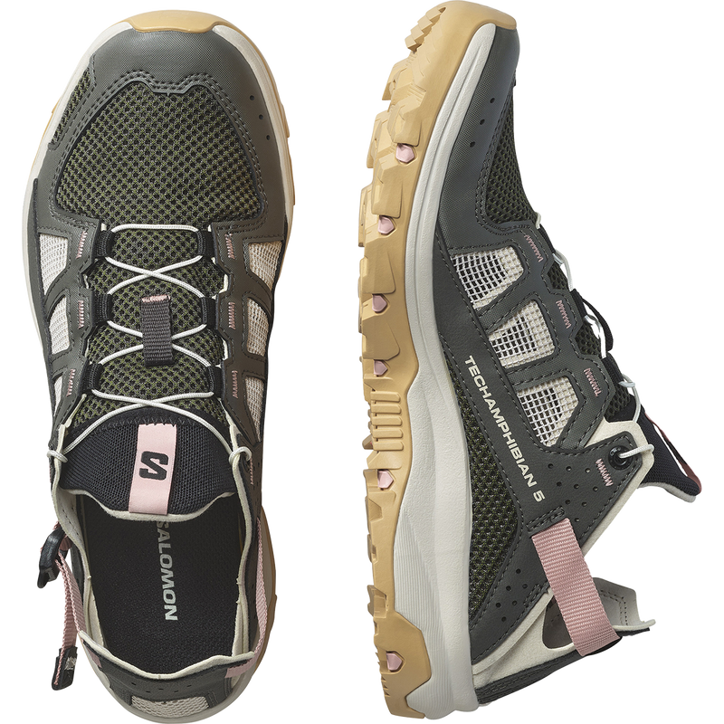 Women's Techamphibian 5, Salomon Women's Techamphibian 5 in Peat/Rainy Day/Hyma Pink pair