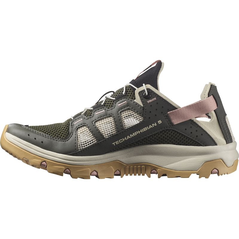 Women's Techamphibian 5, Salomon Women's Techamphibian 5 in Peat/Rainy Day/Hyma Pink inside right profile
