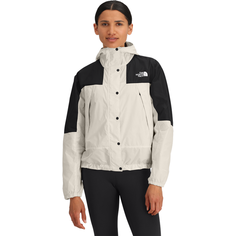 Women's Mountain Wind Jacket, The North Face Women's Mountain Wind Jacket in ROU-White Dune/TNF Black on model