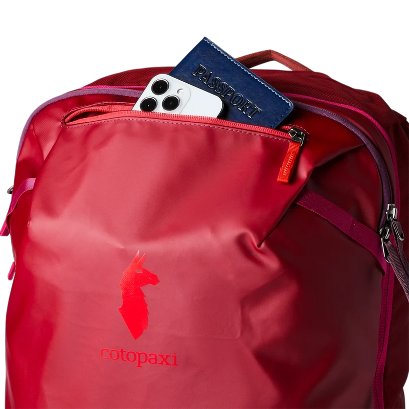 Allpa 35L Travel Pack, Cotopaxi Allpa 35L Travel Pack in Crimson pocket unzipped