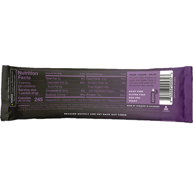 Recovery Mix (Single Serving), Tailwind Recovery Mix back of package