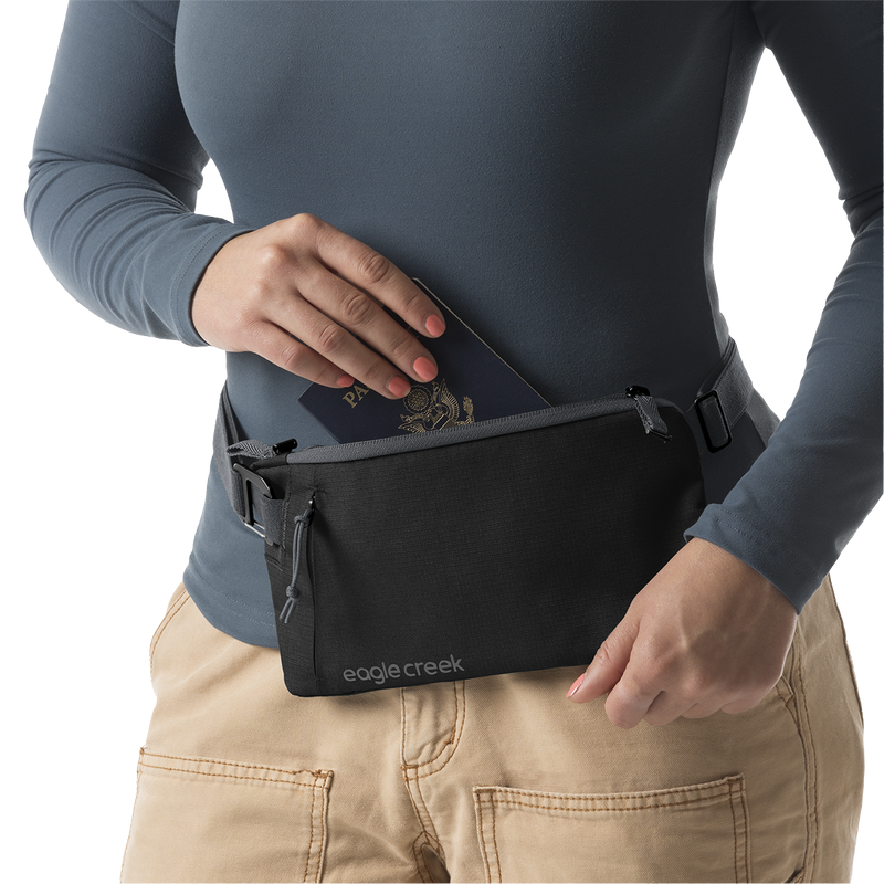Stash RFID Sling Bag, Eagle Creek Stash RFID Sling Bag in Black on model 