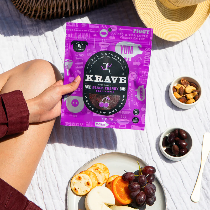 Zero Sugar Jerky, Krave Jerky in hand