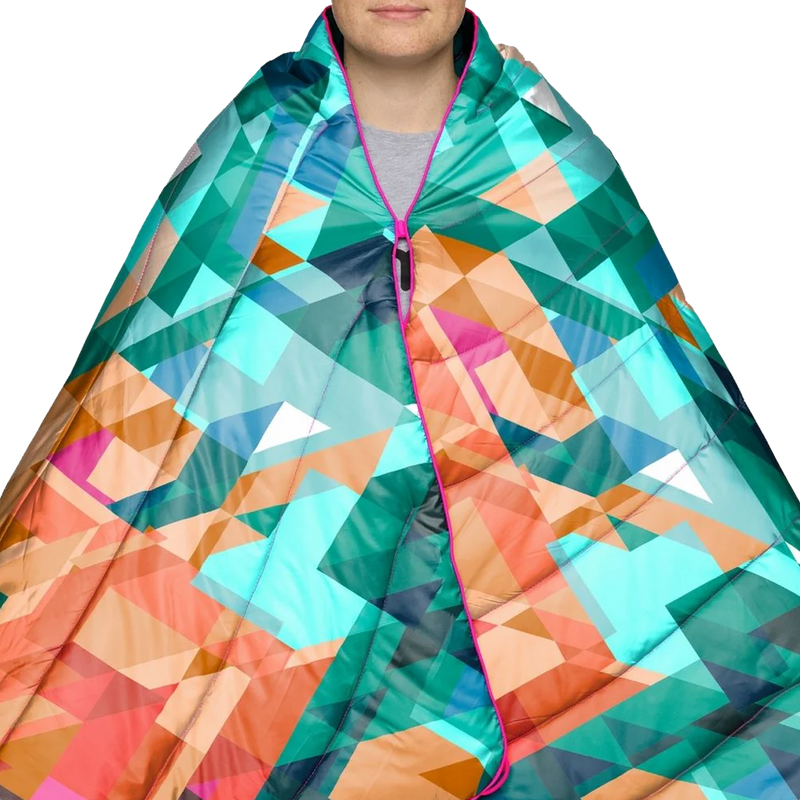 The Original Puffy Blanket X Bryce Wong, Rumpl The Original Puffy Blanket over shoulders