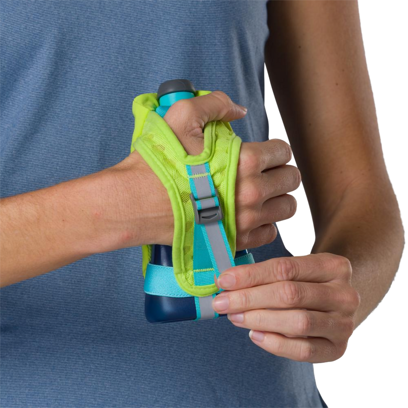 12oz QuickSqueeze Plus, Nathan 12oz QuickSqueeze in Finish Lime/Blue and strap with model