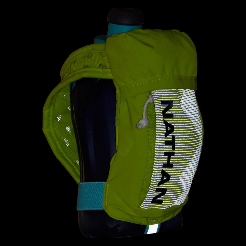 12oz QuickSqueeze Plus, Nathan 12oz QuickSqueeze in Finish Lime/Blue reflective at night