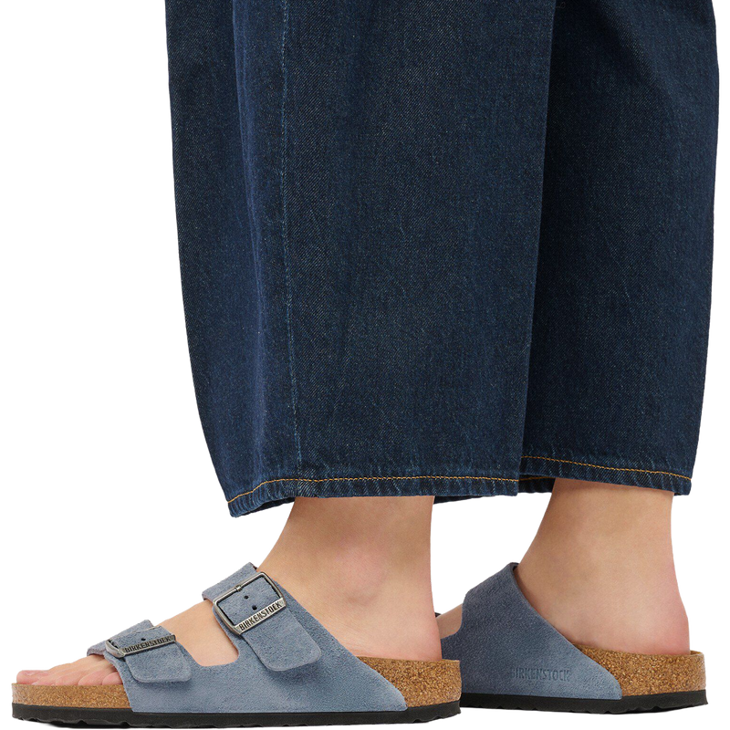 Women's Arizona Suede, Birkenstock Women's Arizona Suede in Stone Blue on model
