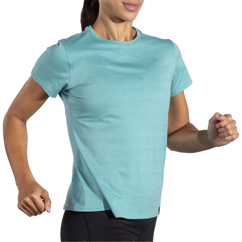 Women's Luxe Short Sleeve, Brooks Women's Luxe Short Sleeve in Heather Aqua action front right