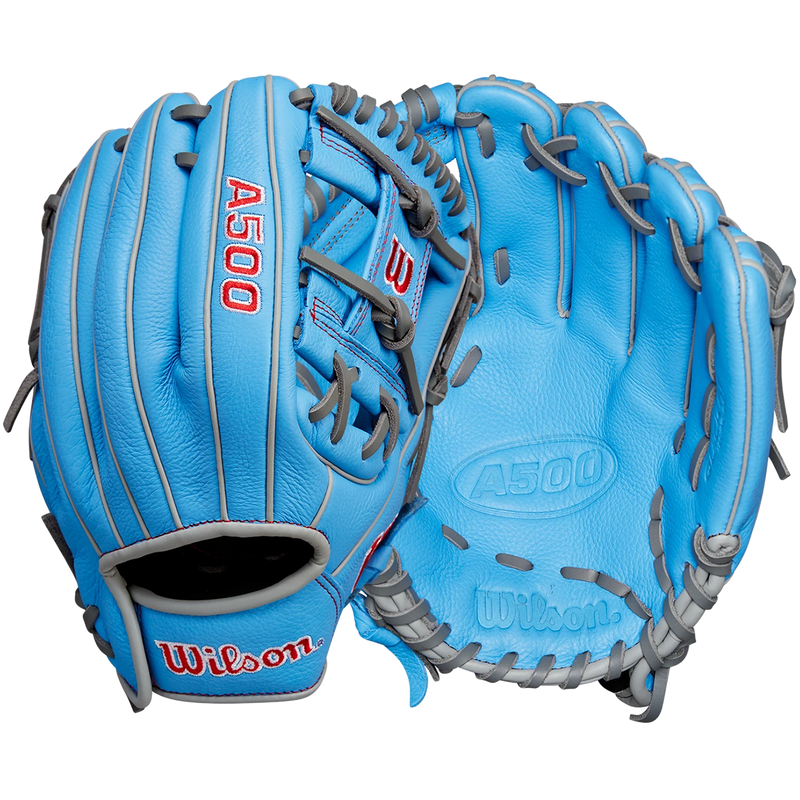 Youth A500 AP - 11" H-Web, Wilson A500 All Positions 11" H-Web 2025 in Cool Blue Grey Red front and back