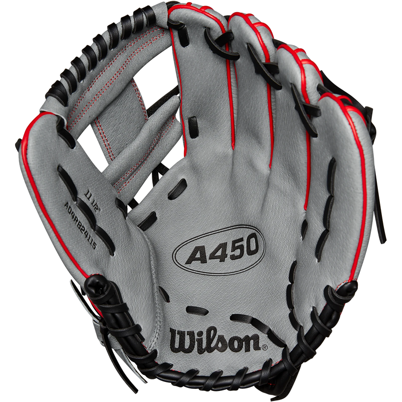 Youth A450 Infield - 11.5" H-Web, Wilson A450 Infield - 11.5" H-Web 2024 in Grey/Black/Red palm