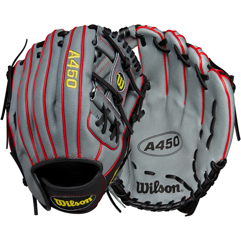Youth A450 Infield - 11.5" H-Web, Wilson A450 Infield - 11.5" H-Web 2024 in Grey/Black/Red back and palm