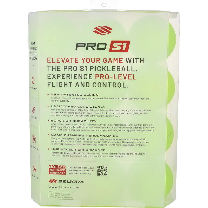 Pro S1 Pickleball (12 Pack), Selkirk Pro S1 Pickleball 12 Pack back of package