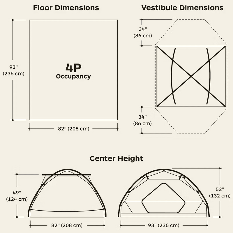 Tungsten 4P, Marmot Tungsten 4P dimensions