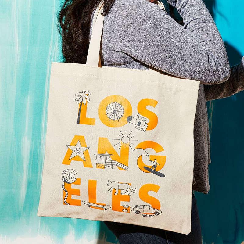 Los Angeles Font Grocery Tote, Maptote Los Angeles Font Grocery Tote over shoulder