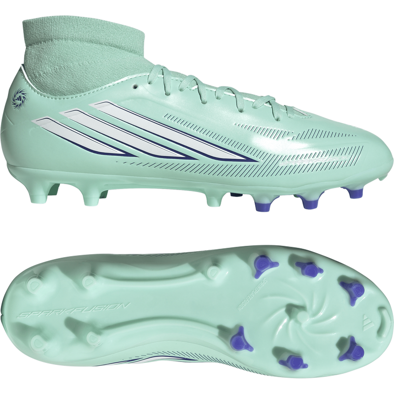 Women's F50 Sparkfusion Club FG/AG, Women's F50 Sparkfusion Club FG/MG in Clear Mint/Footwear White/Solar Purple pair right and bottom