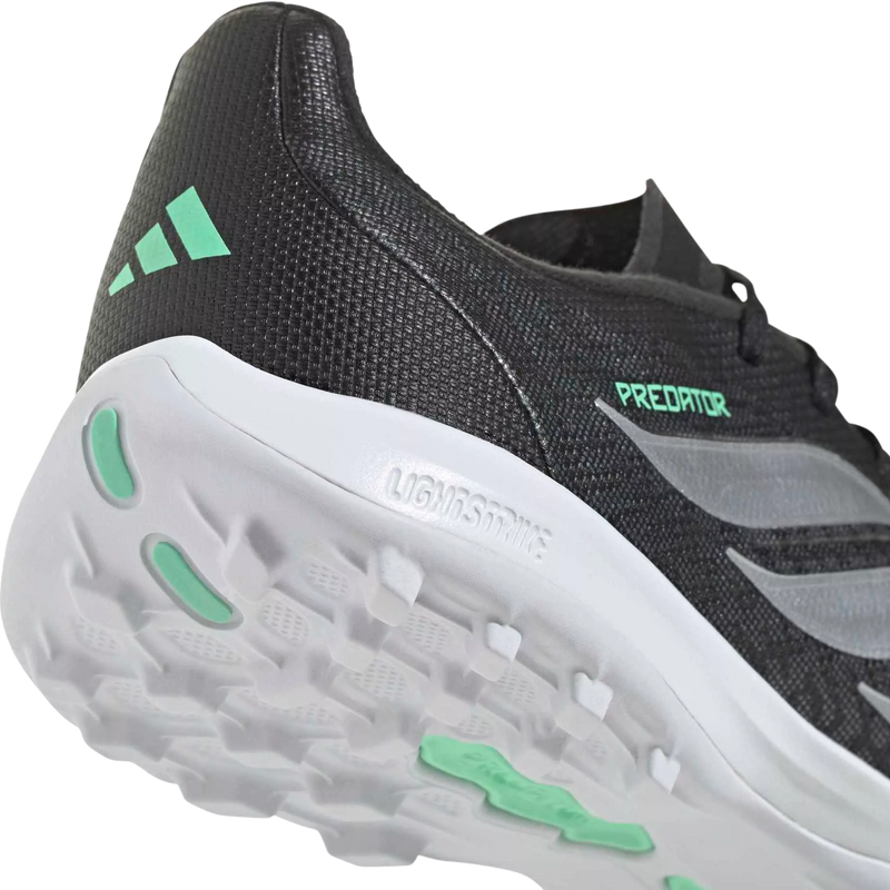 Youth Predator League TF, Adidas Youth Predator League TF in Core Black/Metallic Silver/Pulse Mint heel and sole