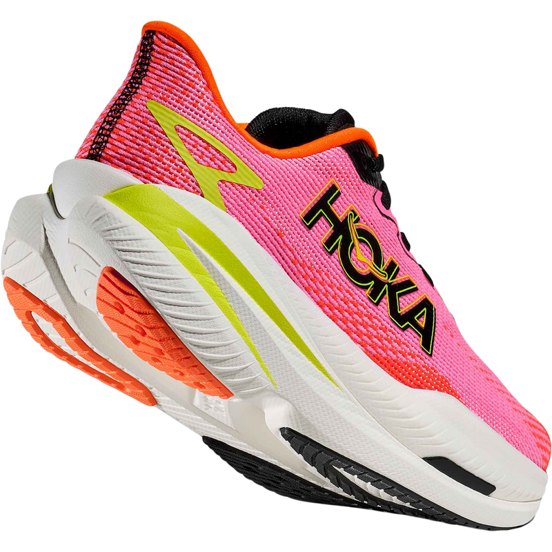 Women's Mach X 3, Hoka Women's Mach X 3 in NNRS-Neon Rose/Neon Tangerine right back and sole