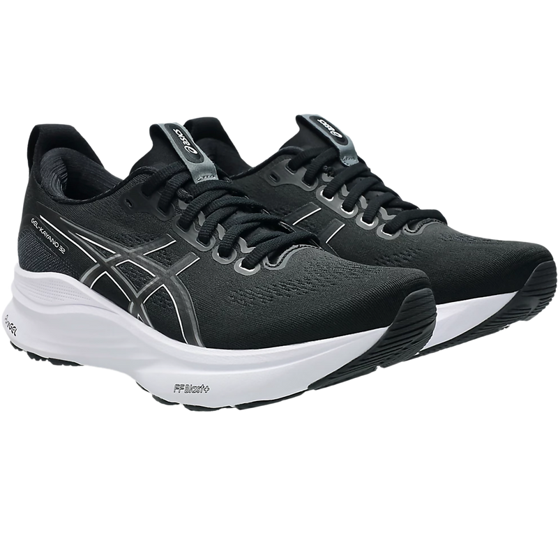 Women's Kayano 32, Asics Women's Kayano 32 in 002 Black/White pair front right