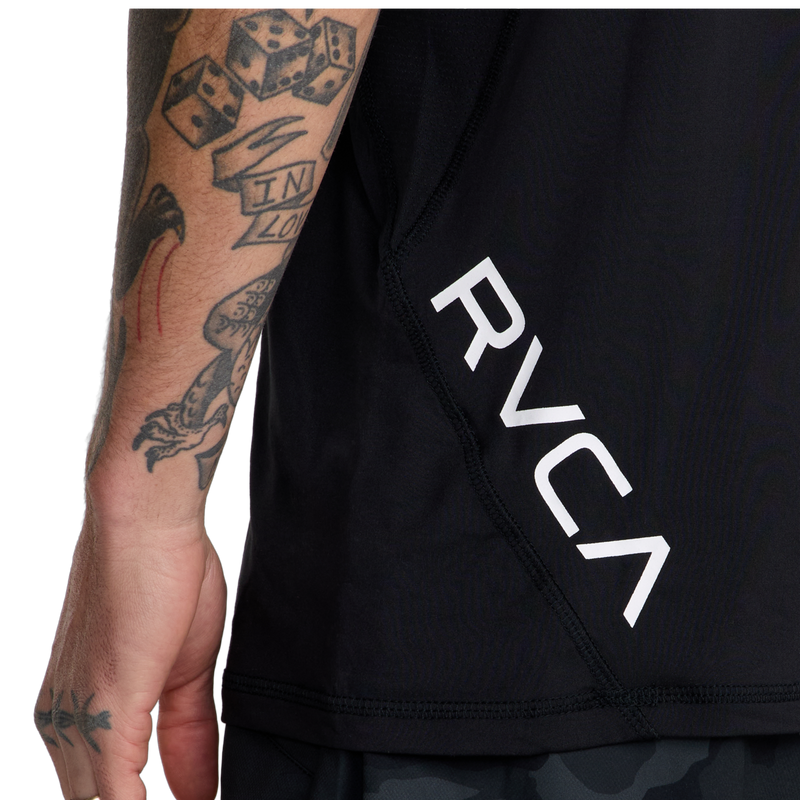 Men's Sport Vent Short Sleeve, RVCA Men's Sport Vent Short Sleeve in Black back left branding