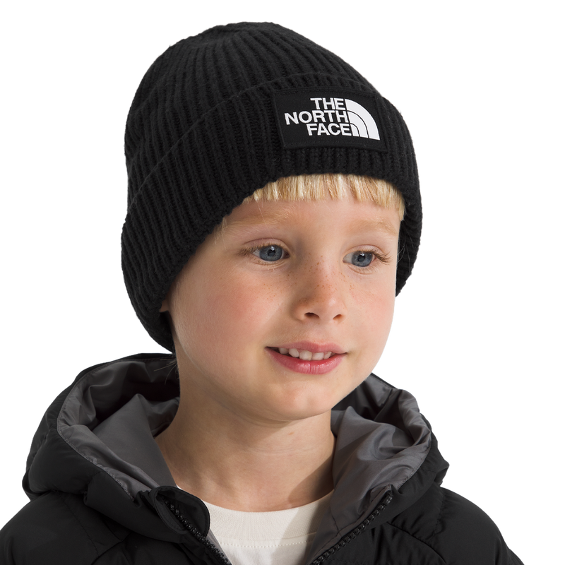 Youth TNF Logo Box Cuffed Beanie, The North Face Youth TNF Logo Box Cuffed Beanie on Model