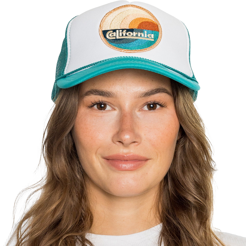 California Waves Trucker, Friday Feelin California Waves Trucker in Jade on model