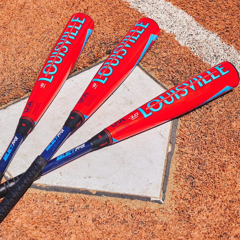 Select PWR -10 USA 2 5/8", Louisville Slugger Select PWR -10 USA 2 5/8" in Red/Blue on base