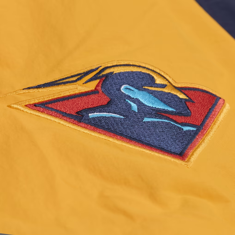 Warriors Vintage Logo Nylon Pullover, Mitchell and Ness Warriors Vintage Logo Nylon Pullover in Navy with patch detail